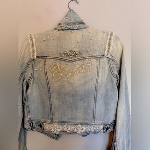 Customer denim bride jacket with rhinestone and pearl embellishment.